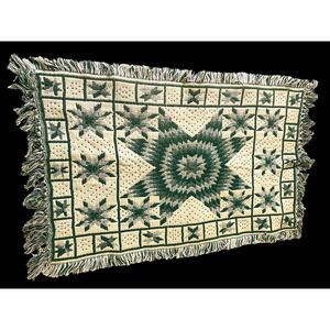 Green White Rug Scatter Dhurrie Star Quilt Pattern Amish Country Look 22"x38"